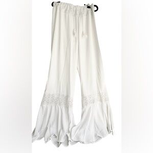 White Boho Bohemian Lace Patchwork High Waist Wide Leg Long Palazzo Pants Sz M